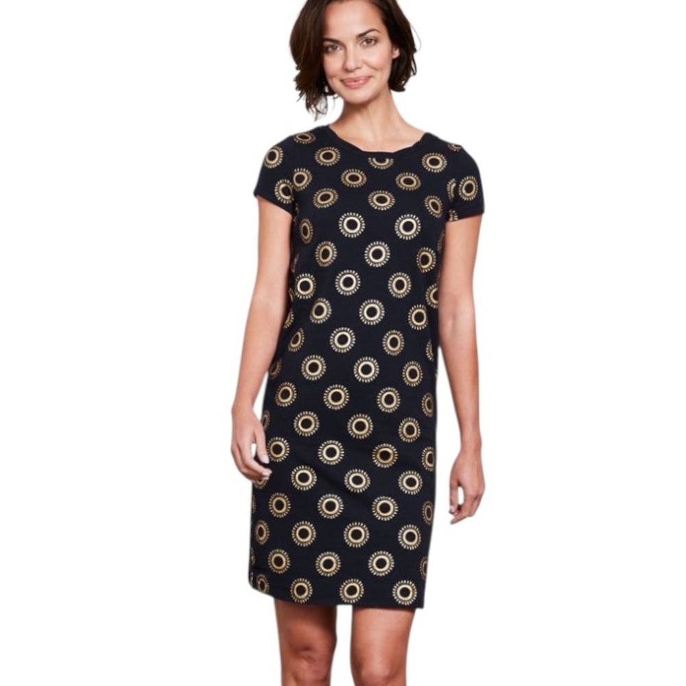 Boden Coralie Navy Blue & Metallic Gold Printed Jersey Knit Shift Mini Dress - 8